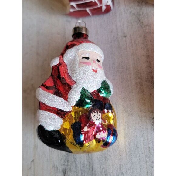 Blown glass Santa Claus chimney toy bag ornament set glitter Xmas - Picture 3 of 8